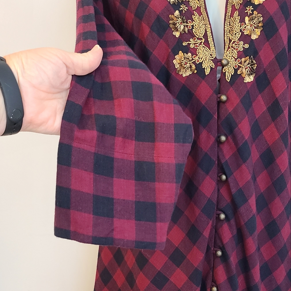 Soft Surroundings Webster Tunic Top Women S Red Burgundy Plaid Embellished Gypsy - Picture 6 of 16